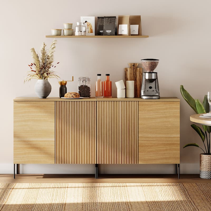 31.5" Wooden Reeded Sideboard With 2 Doors, Modern Credenza Storage Cabinet - 2PCS - Oak