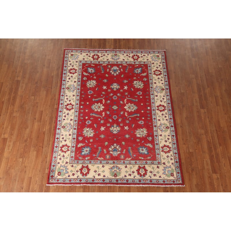 Red Kazak Area Rug Hand-Knotted Floral Wool Carpet - 5'9" x 7'8"