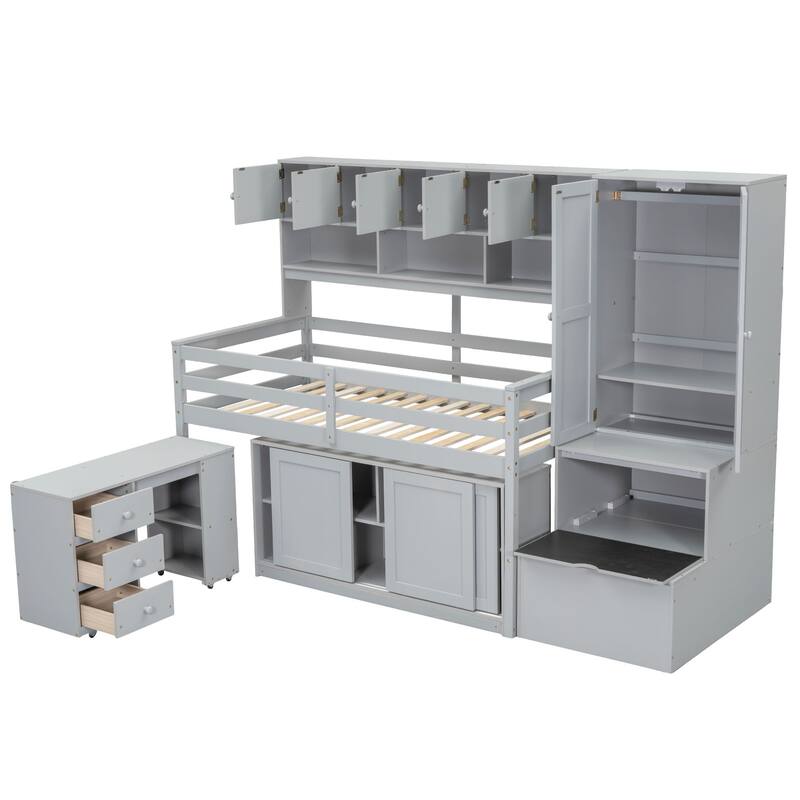 Twin Size Wooden Loft Bed with Integrated Wardrobe, Under-bed Desk, Drawers, with Shelves