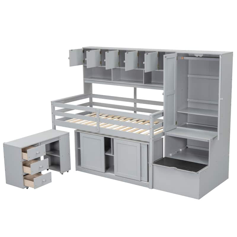 Wooden Loft Bed with Integrated Wardrobe, Under-bed Desk, Drawers, with Shelves