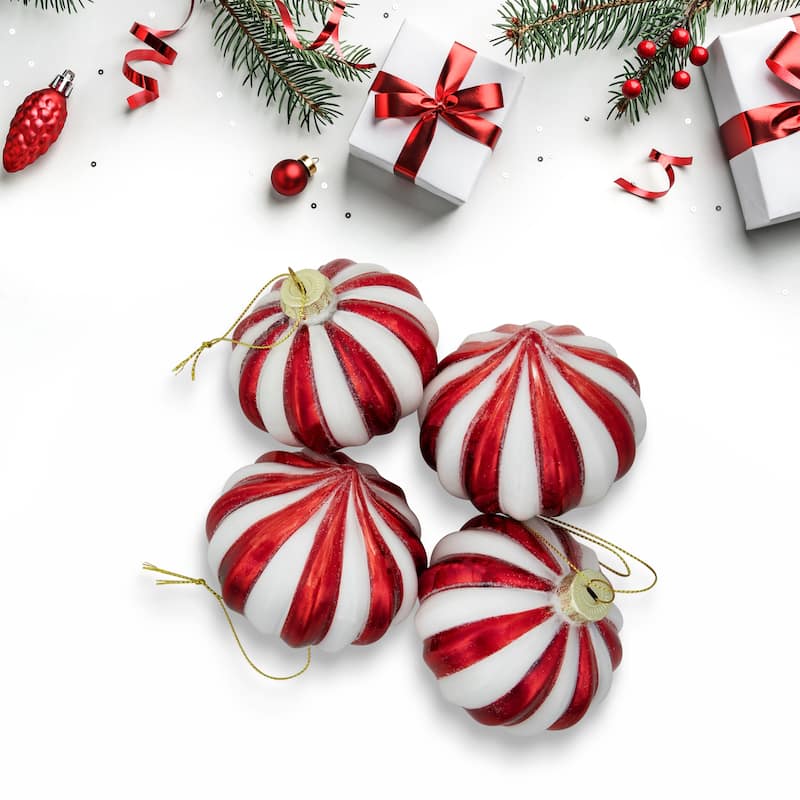4Ct Red White Glittered Candy Cane Onion Glass Christmas Ornaments 3"
