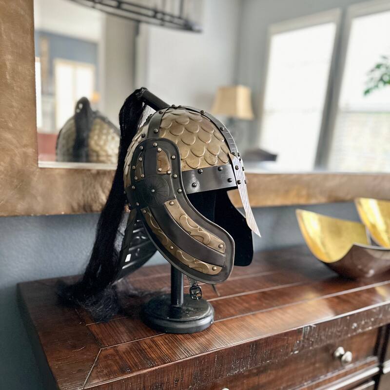 Medieval Spartan Anaconda Style Armor Helmet with Wooden Stand