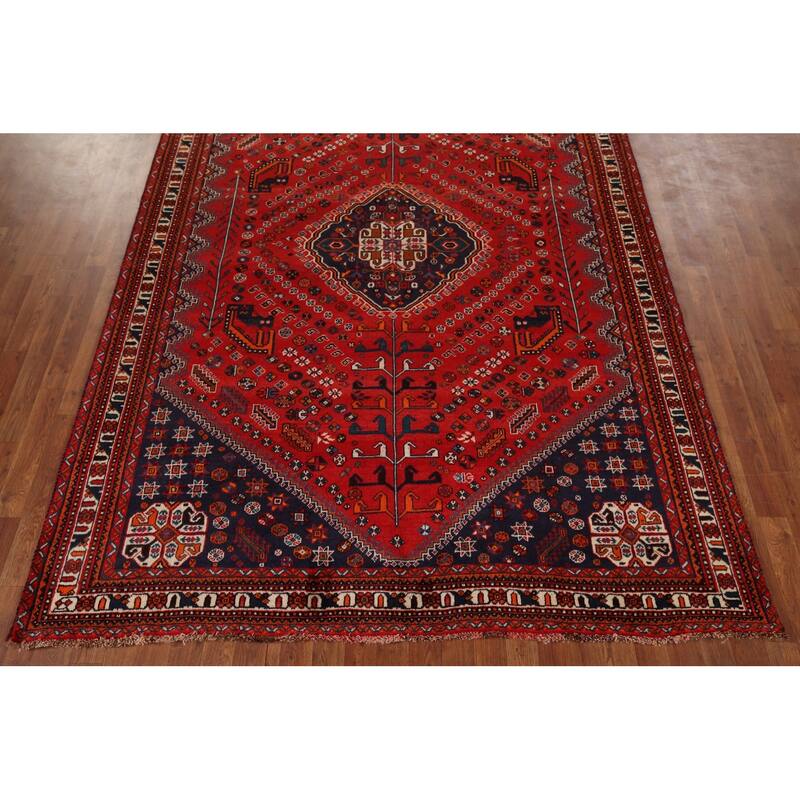Hand Knotted Oriental 100% Wool Carpet Traditional Tribal Red Shiraz Area Rug - 9' 8'' X 6' 7''