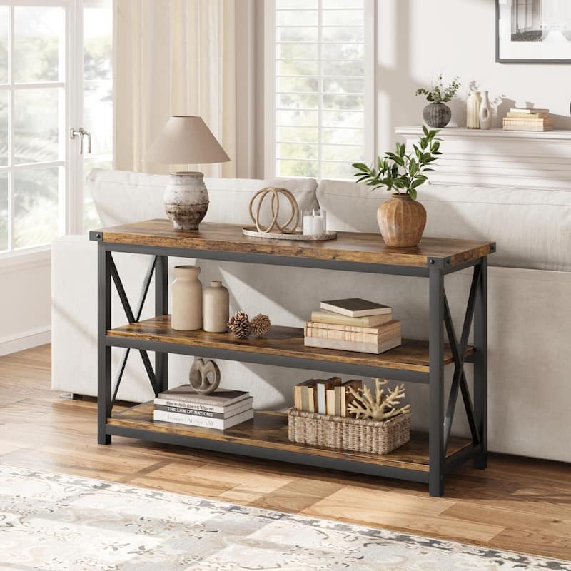 47 Inch Entryway Table, Narrow Long Console Table with Storage, 3 Tier Wood Sofa Table - Brown