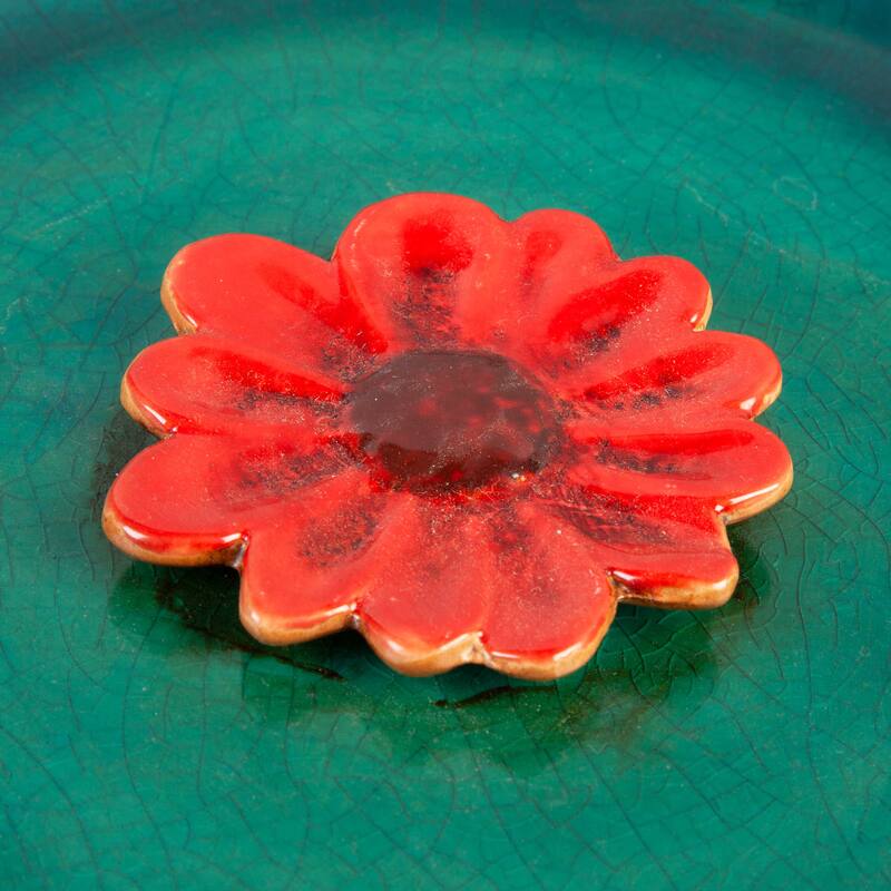 12" Bee Bath, Ceramic, Blue with Red Flower