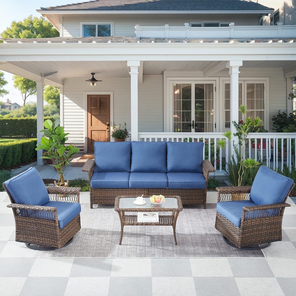 Outdoor Sofa with 2 Swivel Chairs Furniture - Brown