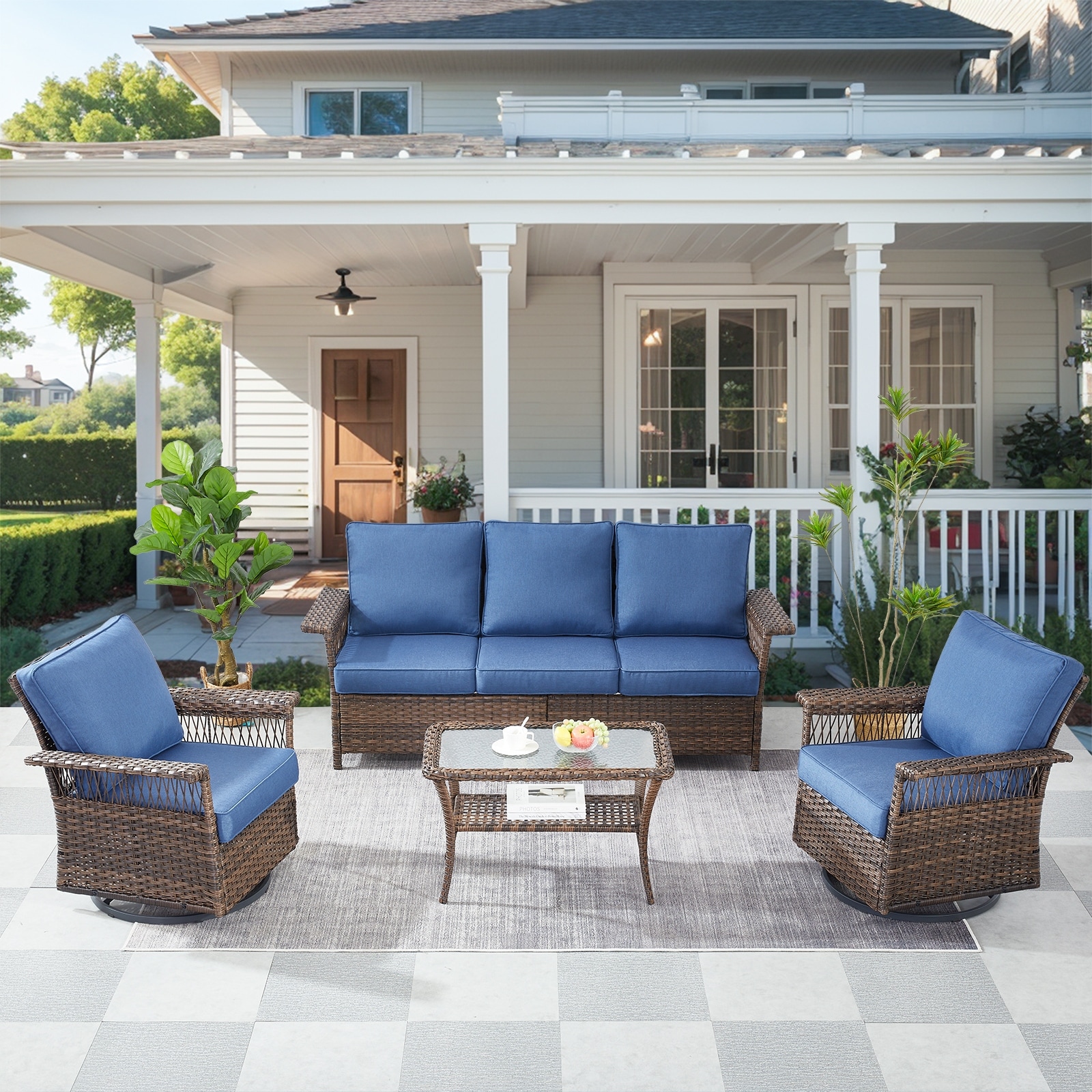 Outdoor Sofa with 2 Swivel Chairs Furniture - Brown