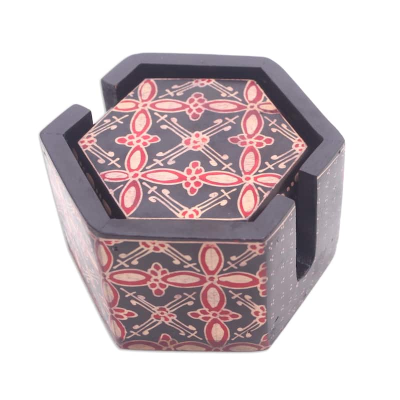 Novica Handmade Hexagon Batik Batik Wood Coasters (Set Of 6)