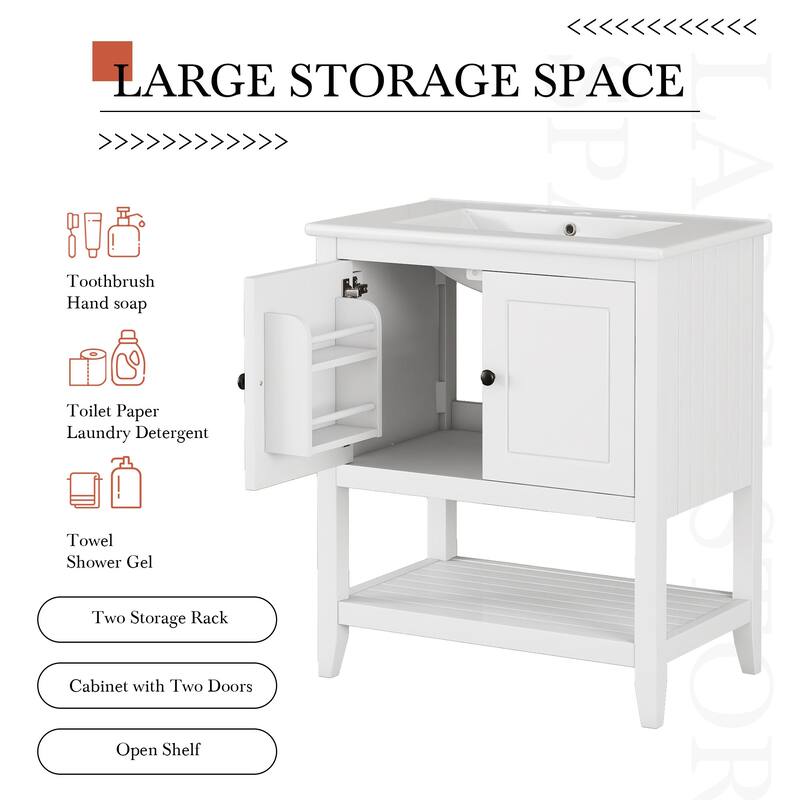 Modern Sleek Bathroom Vanity Cabinet with Elegant Ceramic Sink, Solid Wood Frame, Open Style Shelf and Door Racks