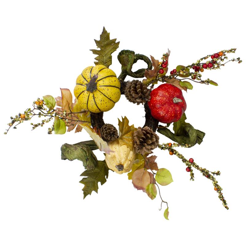 Pumpkin Berries Foliage and Pine Cone Fall Harvest Wreath - 13 inch Unlit - 13"