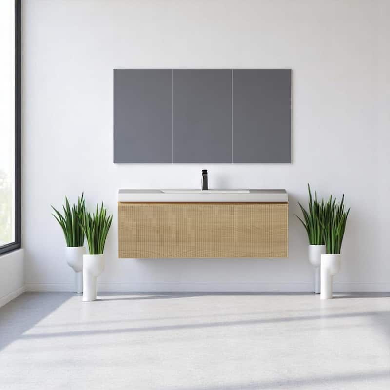 24"/30"/36"/42" Floating Bathroom Vanity Combo with Solid Surface Basin, Natural Oak Storage Cabinet, Modern Design - 42