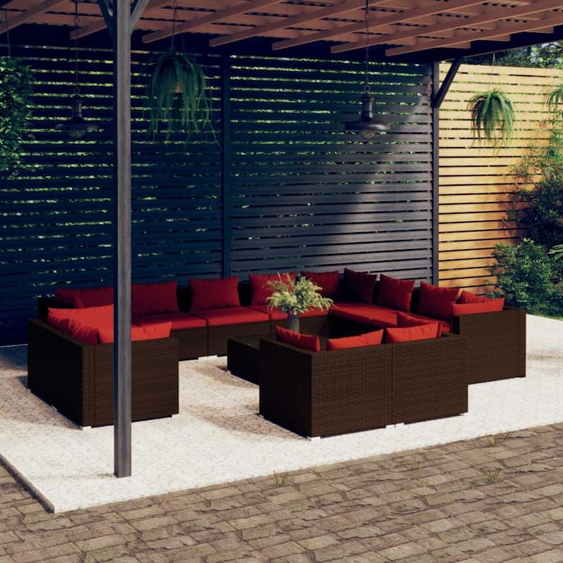 vidaXL Patio Lounge Set with Cushions Brown Poly Rattan - 27.6" x 27.6" x 24" - 27.6" x 27.6" x 24" - Brown 12 x Seat cushion