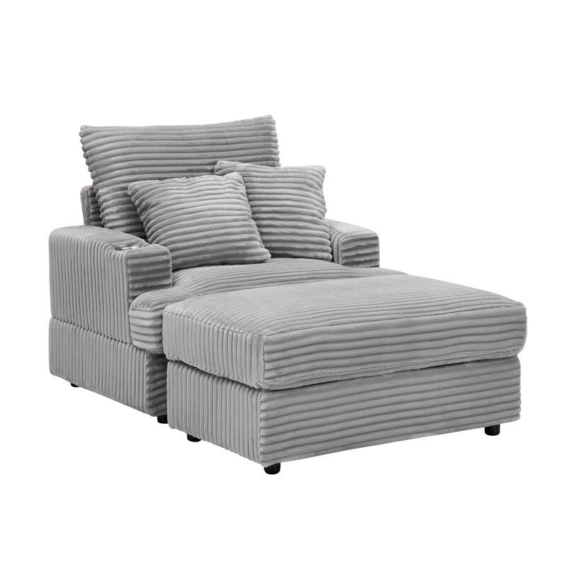 Corduroy Armchair Ottoman Set with Cup Holder, Spring Cushion and 2 Throw Pillows