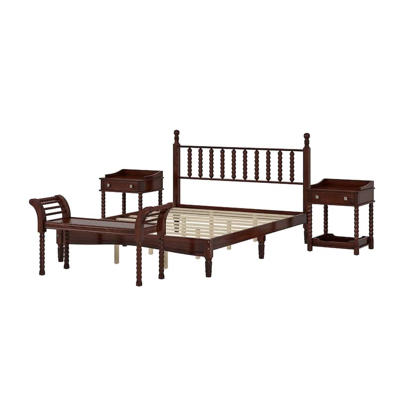 Retro Style Wooden Platform Bed Set