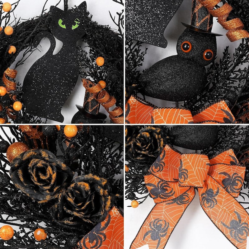 22" Halloween Black Cat, Owl Wreath for Front Door Decor - N/A