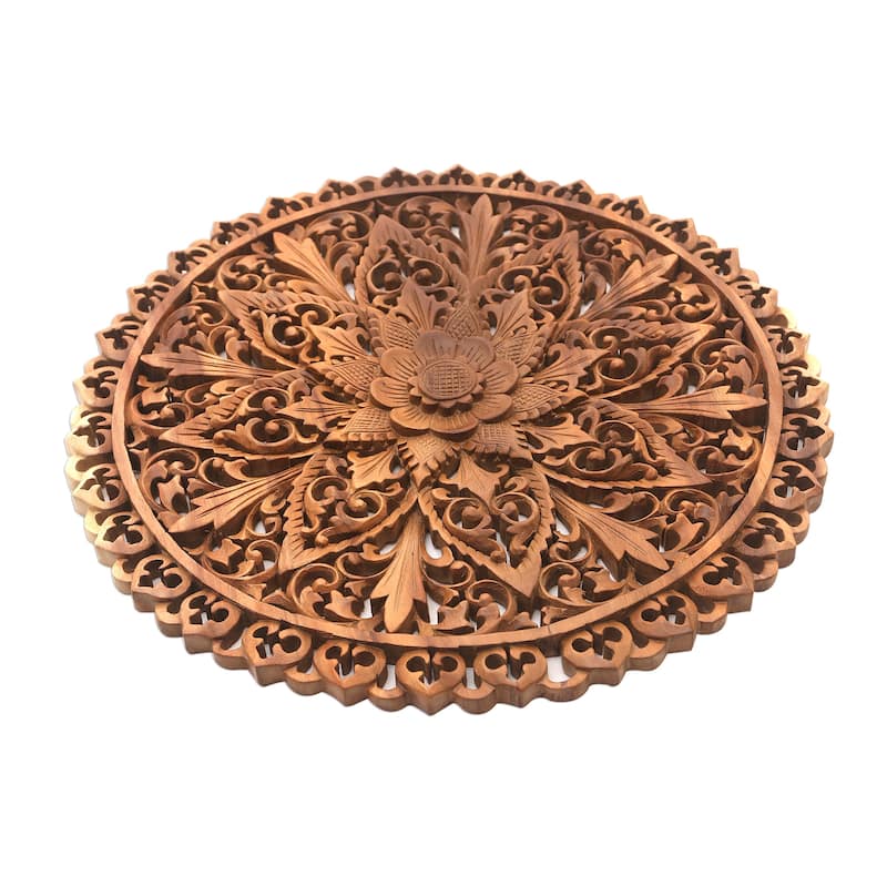 Novica Handmade Round Lotus Wood Relief Panel