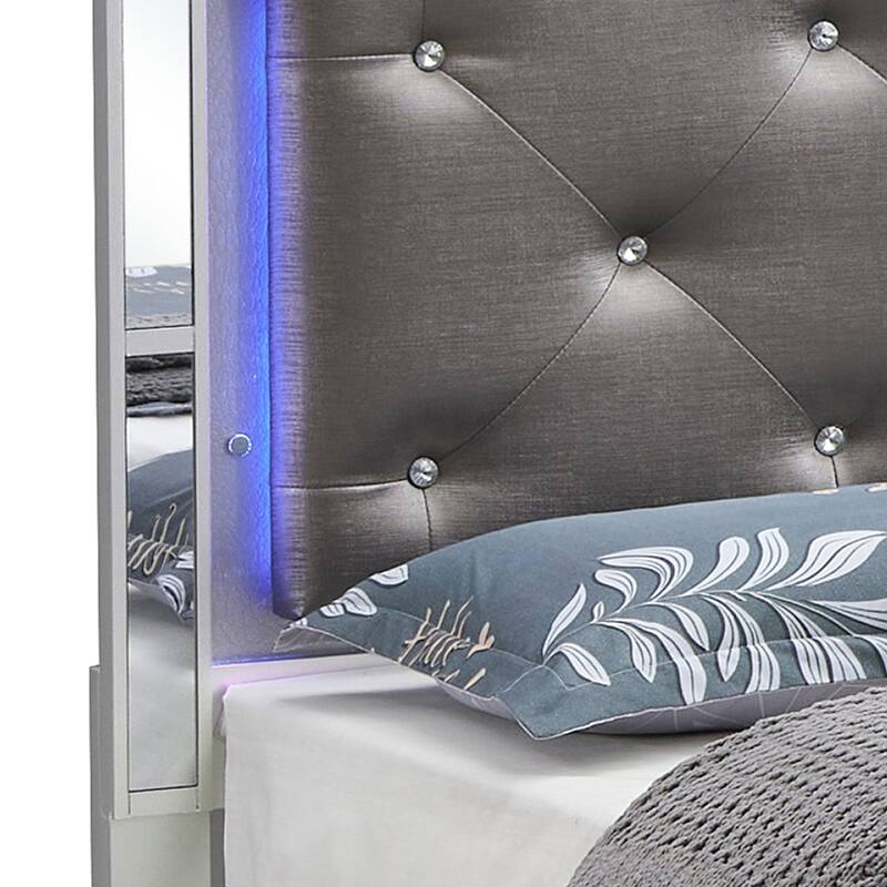 Queen Bed in Silver Champagne, LED Headboard, and Jeweled Tufted Leather Design