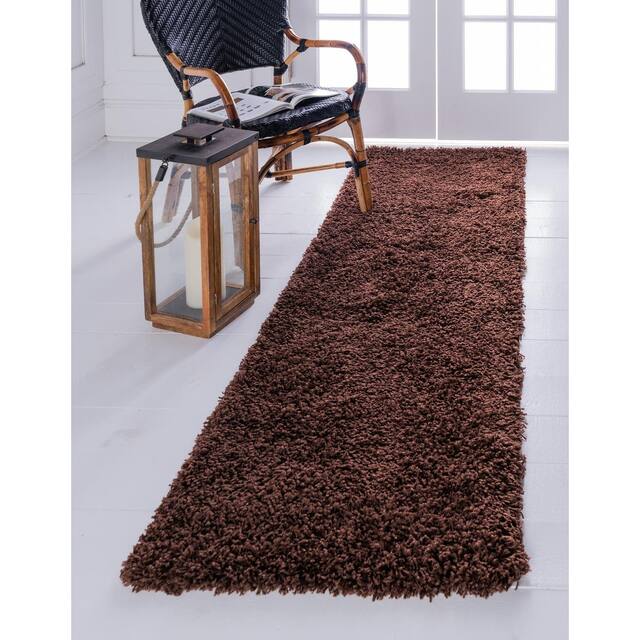 Unique Loom Solid Shag Area Rug - 2'6" x 13' Runner - Chocolate Brown