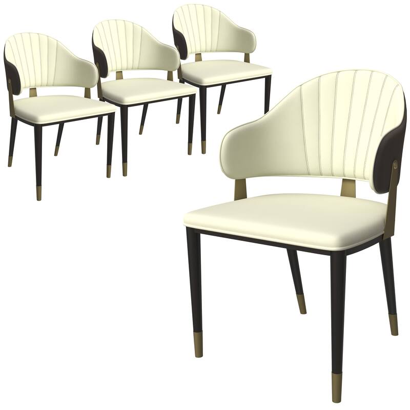 Leather Dining Chair in Iron Set of 4 with Gold Accents Design Modern Ergonomic Side Arm Chair - Black