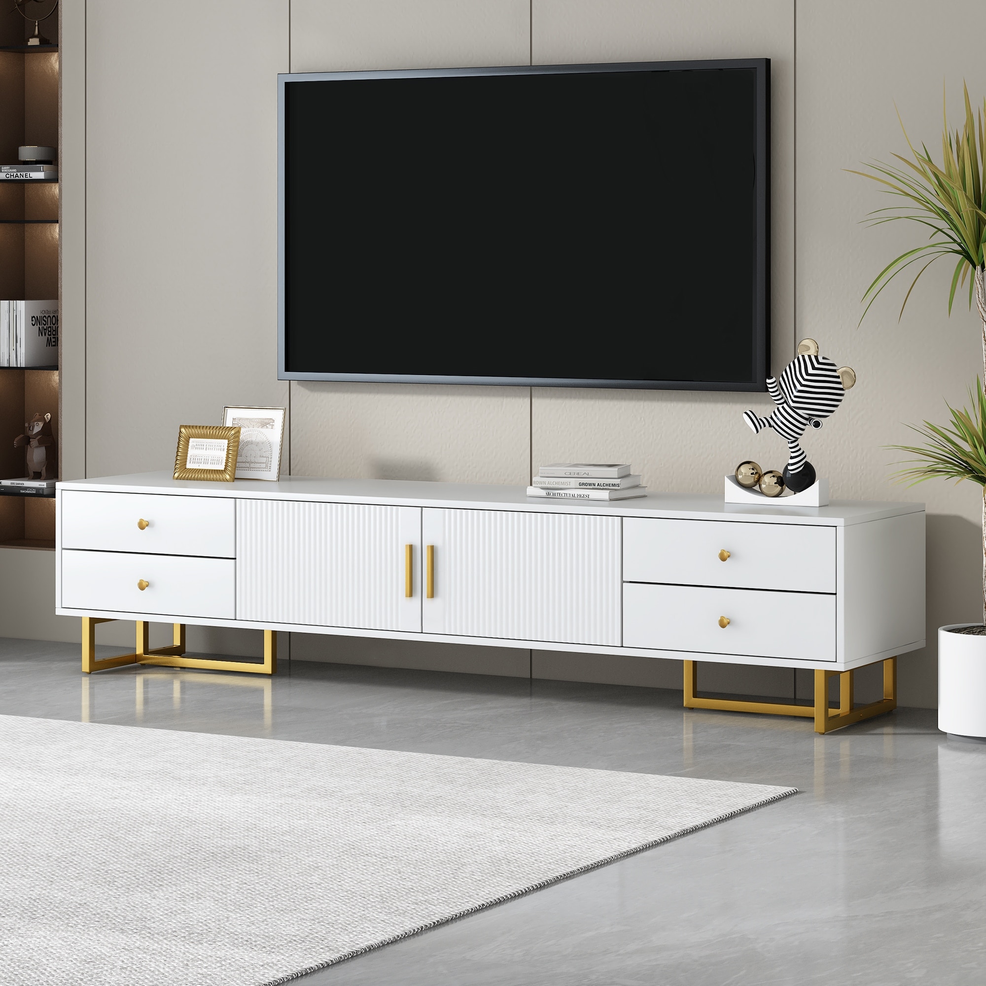 GDFStudio Sterling Wood TV Stand with Four Drawers and Cabinet Storage