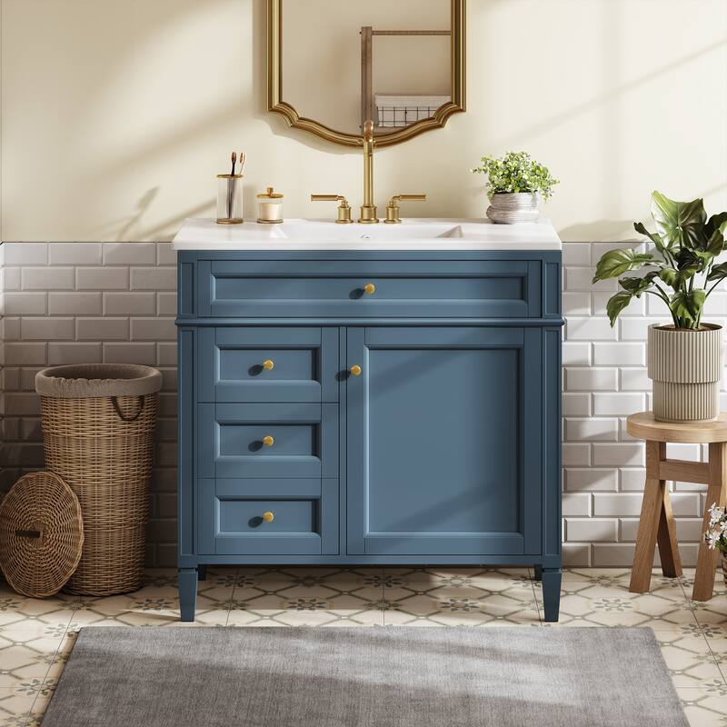 36" Bathroom Vanity with Top Sink, Modern Bathroom Storage Cabinet with 2 Drawers and a Tip-out Drawer