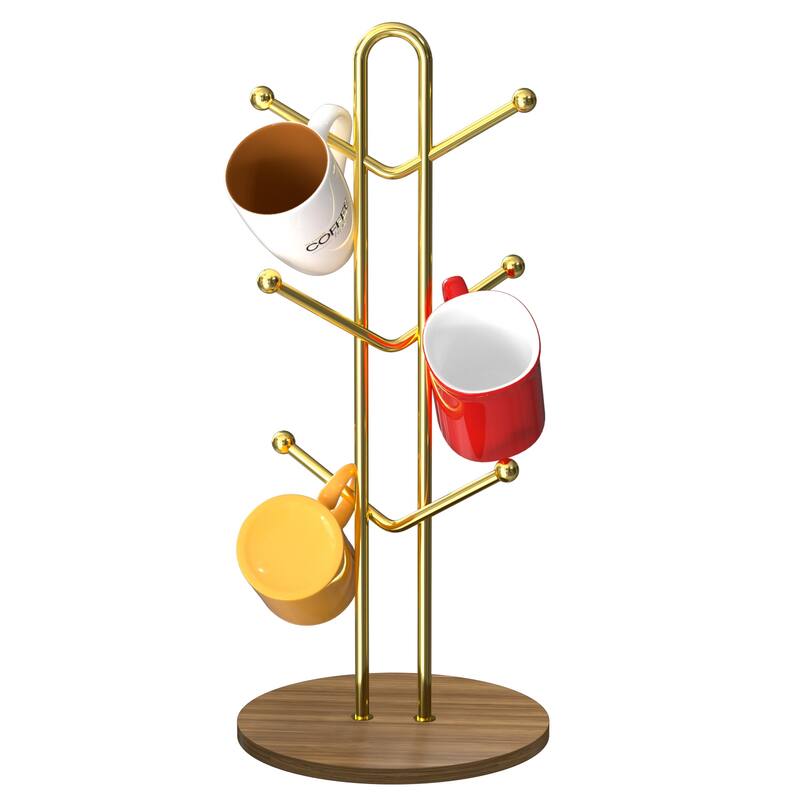 Mug Holder with Wood Base and 6 Hooks, Kitchen Coffee Mug Tree Countertop Tea Cups Holder Stand, Coffee Cup Dryer - Gold