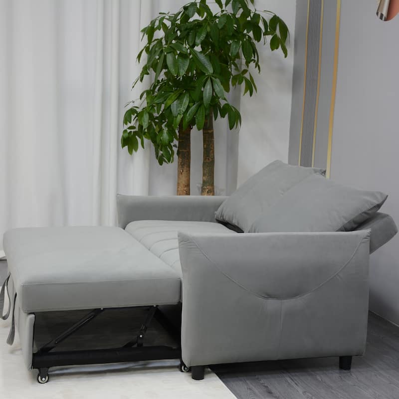 Convertible Sleeper Loveseat Sofa Bed, Adjustable Back, Velvet Fabric, Light Gray