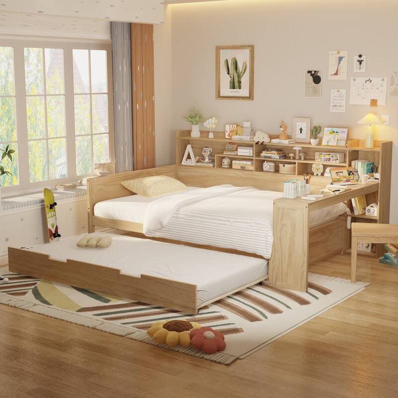 Wooden Daybed Platform Bed with Recessed Desk Storage Shelves and Twin Size Trundle Bed Under Bed for Compact Spaces, Bedroom - Natural - Full