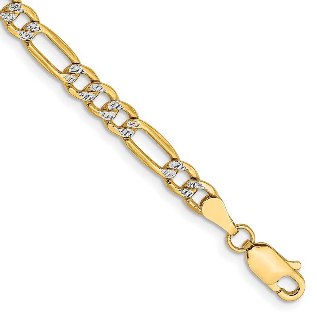 Curata 14k Yellow Gold 3.9mm Semi solid Pave Figaro Chain Bracelet