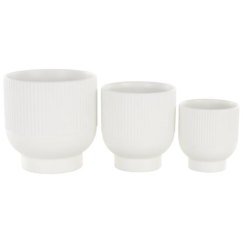 Ceramic Indoor Outdoor Planter with Linear Grooves and Tapered Bases - Set of 3 Black, Light Blue, White - Roche River Decor