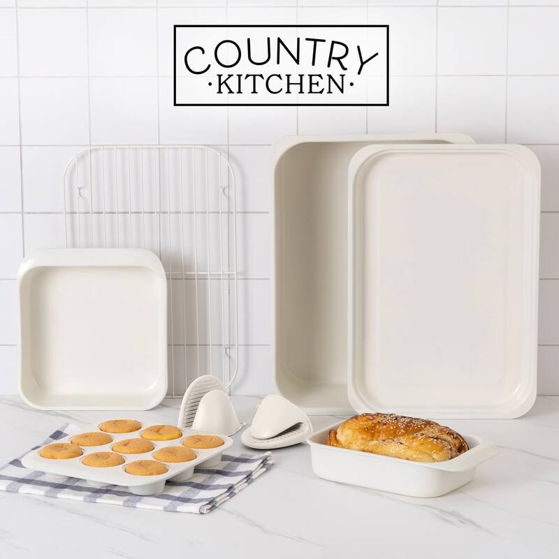 Country Kitchen 8-Piece Bakeware Set, Nonstick Baking Pans & Nesting Baking Sheets, Durable Steel, Grey