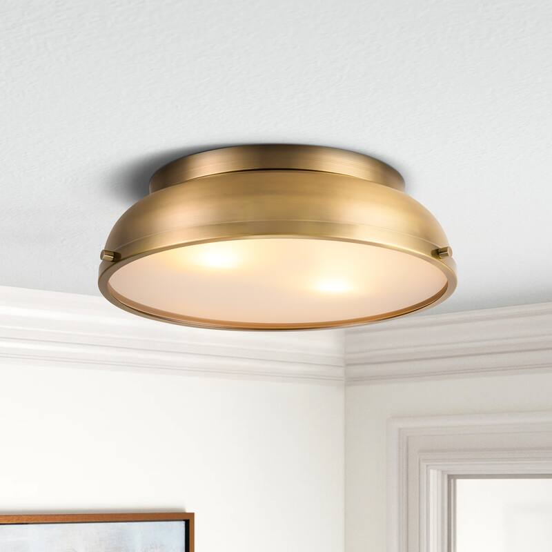 Rennnsan 14.2 in. 2-Light Mid Century Modern Aged Bronze Drum Flush Mount Ceiling Lights with Frosted Glass for Foyers/ Hallways - Aged Bronze