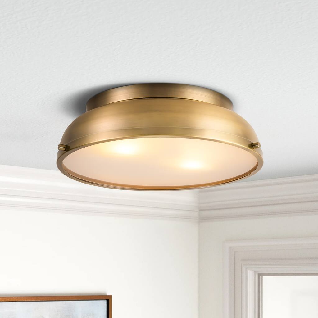 Rennnsan 14.2 in. 2-Light Mid Century Modern Aged Bronze Drum Flush Mount Ceiling Lights with Frosted Glass for Foyers/ Hallways