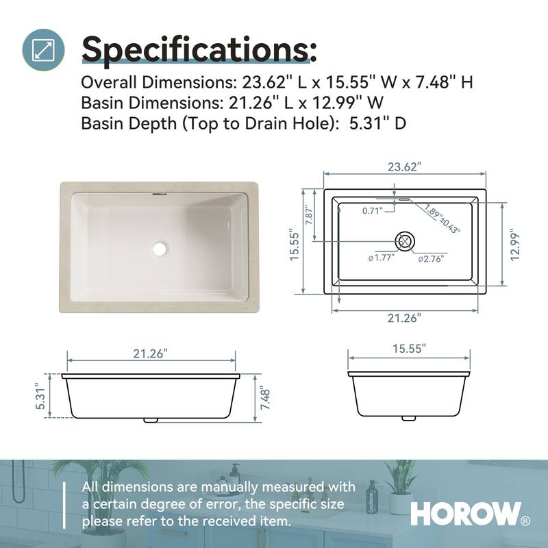 HOROW 23.63 in Rectangular Undermount Ceramic Bathroom Sink in Biscuit with Overflow Drain