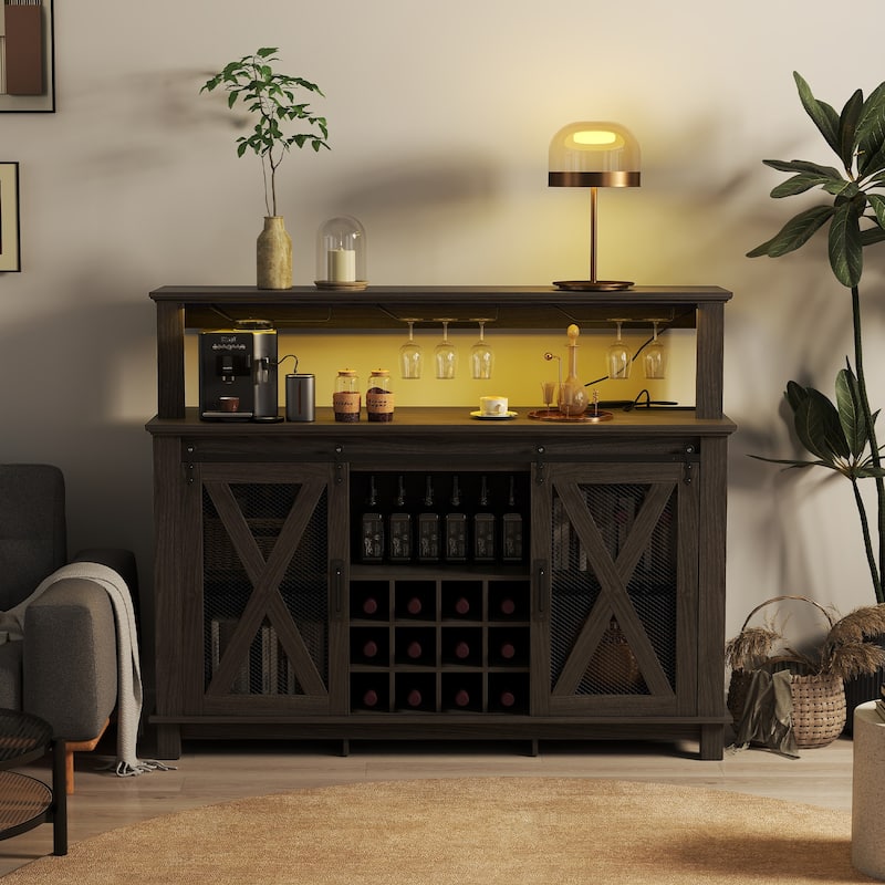EROMMY Farmhouse Coffee Bar Cabinet with LED Lights, Sliding Barn Door, Wine Racks and Glass Holder, Home Liquor Cabinet - 55 in - Walnut