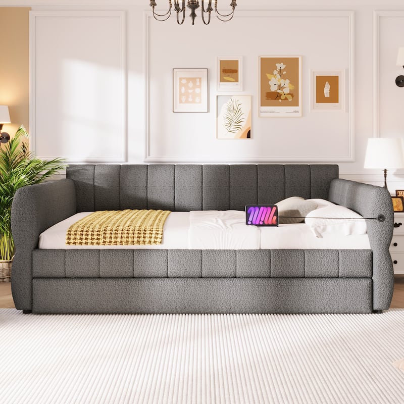 Modern Fabric Upholstered Daybed Queen Size Sofa Bed Frame with Backrest and Armrests, USB Charging Ports, No Box Spring Needed - Gray with Trundle - Queen