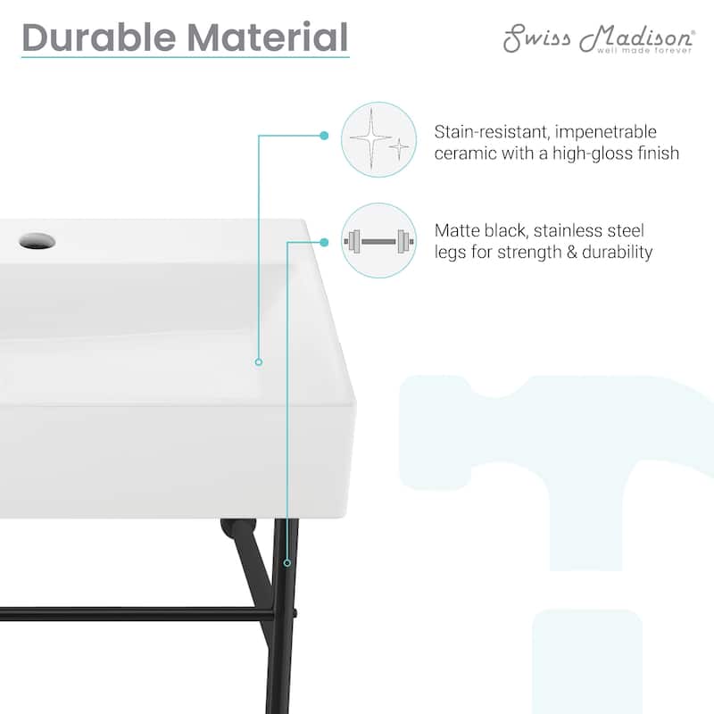 Claire 30" Console Sink White Basin Black Legs With 8" Widespread Holes - 30" x 16" x 35"
