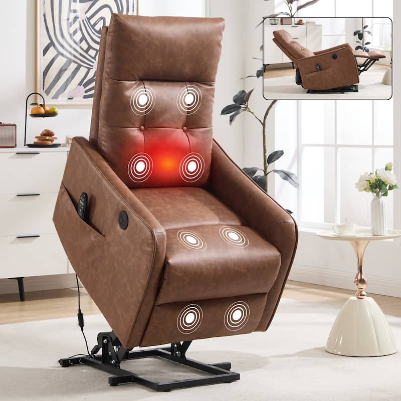 PU Leather Recliner with Single Motor Lift Massage Heat and 155 Degree Recline