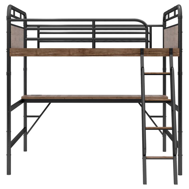 Full Size Metal Loft Bed with Desk, Metal Loft Bed with LED Light and Charge Station,Black(Expect Arrival Date 2025/5/15)