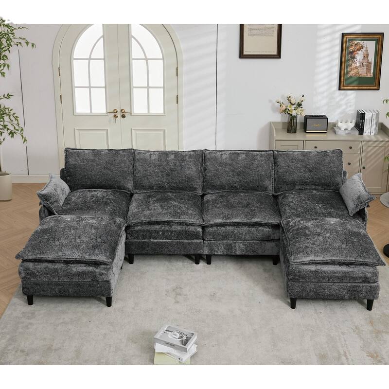 Oversized U Shaped Sectional Couch, Comfy Cloud Modular Sectional Sofa with 2 Ottoman Deep Seat Chenille Modern Cloud Sofa