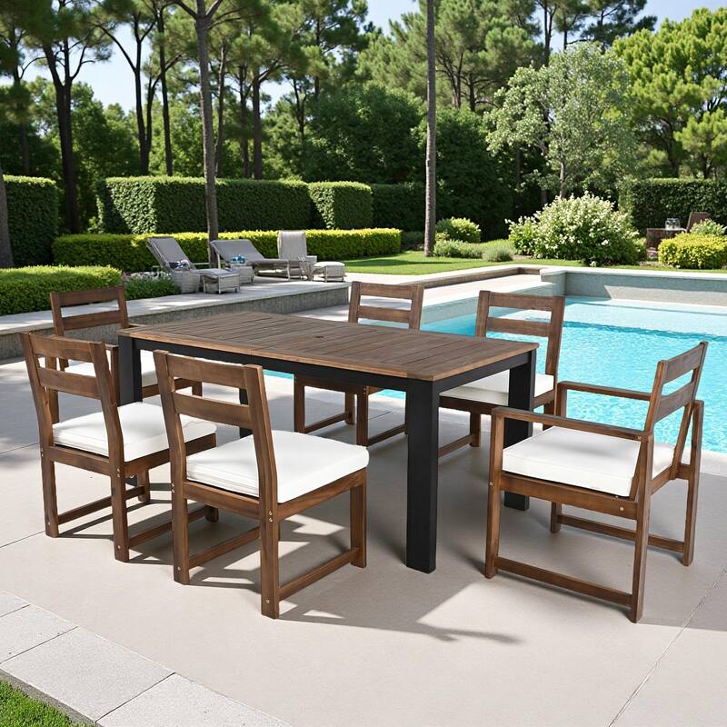 7-Piece Outdoor Patio Acacia Wood Dining Set with Umbrella Hole, 2 Armchairs and 4 Side Chairs - Beige,Black,Mocha