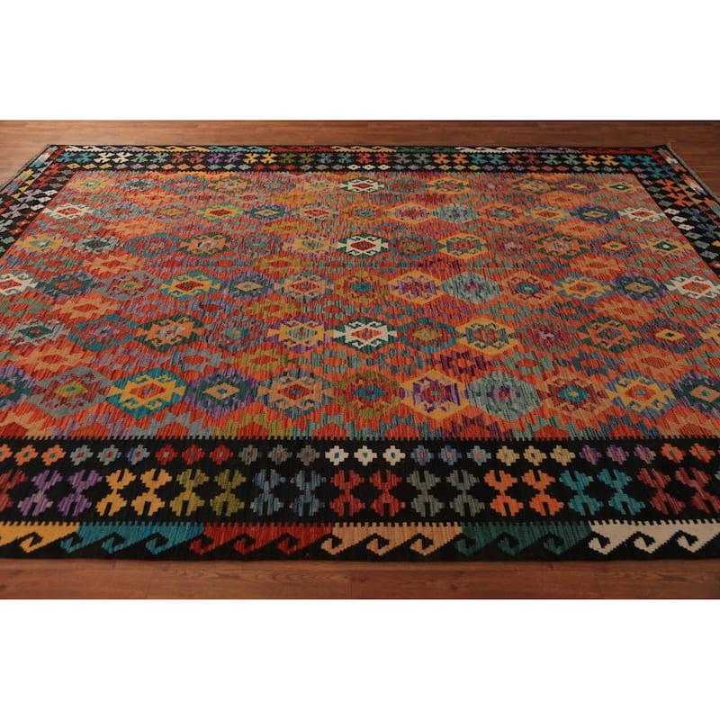 Geometric Kilim Area Rug Hand-Woven Wool Carpet - 8'8"x 11'8"
