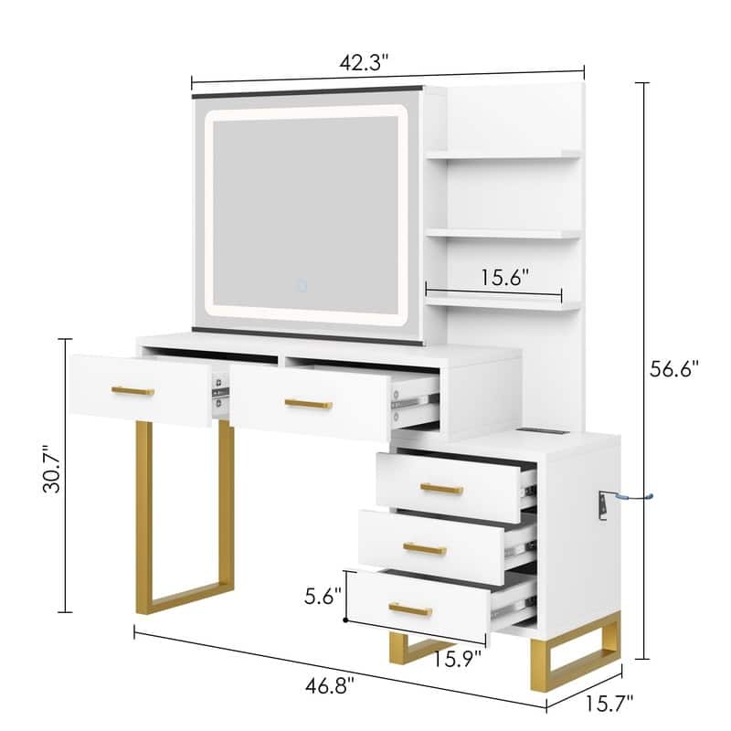 Vanity Desk with Sliding LED Mirror and Charging Station, 5 Drawers, 3 Shelves