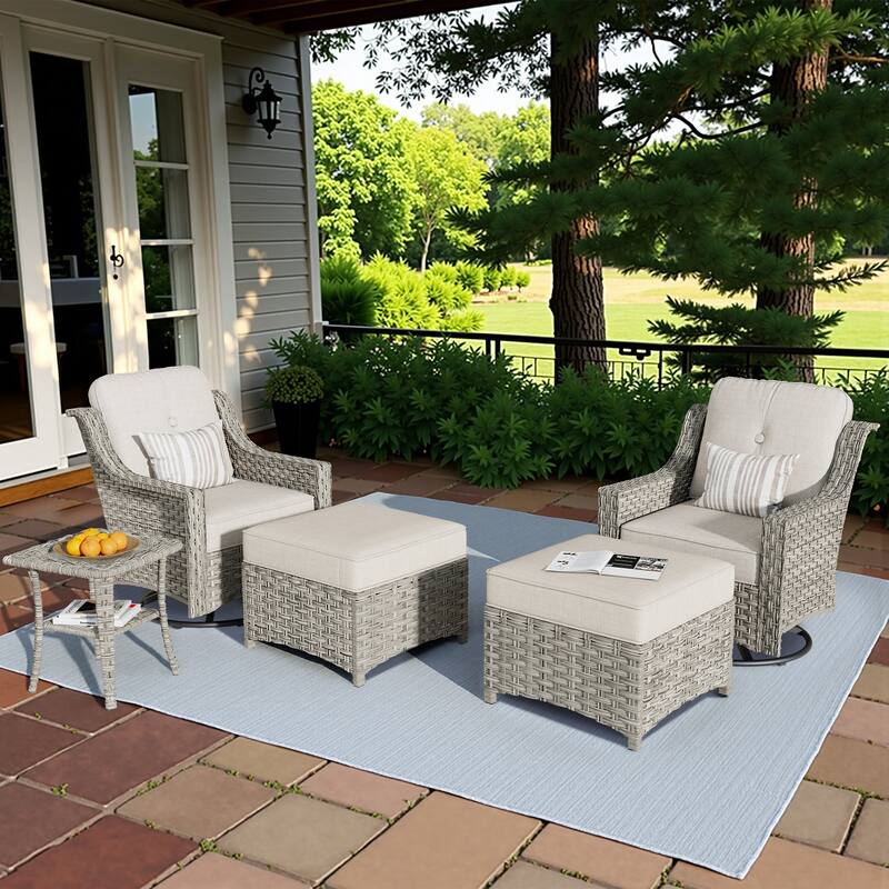 HOOOWOOO 5-piece Rattan Outdoor Furniture Patio Swivel Chair Chat Set with Ottoman