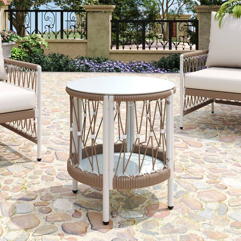 17.32" Bohemian Garden Accent Outdoor Side Table - Handwoven Rope with Powder-Coated Steel Frame, Glass Top - Beige+Natural