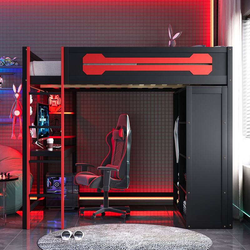 Full Size Gaming Loft Bed with Desk & Wardrobe, Wooden Storage Bed with RGB LED Lighting, Charging Station