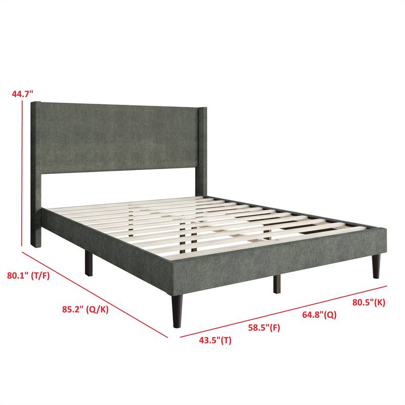 Clayfell Bangor Upholstered Wingback Platform Bed, Linen, No Box Spring Required