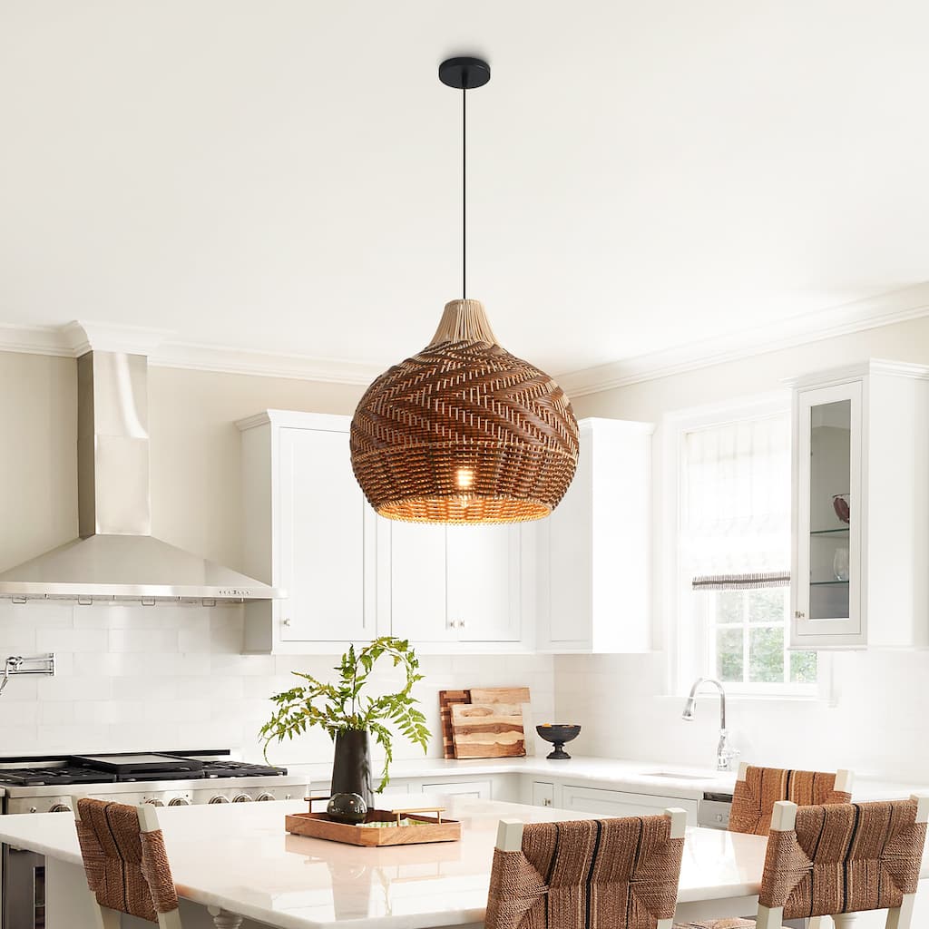 18.9" Farmhouse Natural Caged Handwoven Rattan Pendant Light - 18.9" D x 18.9" W x 62.99" H