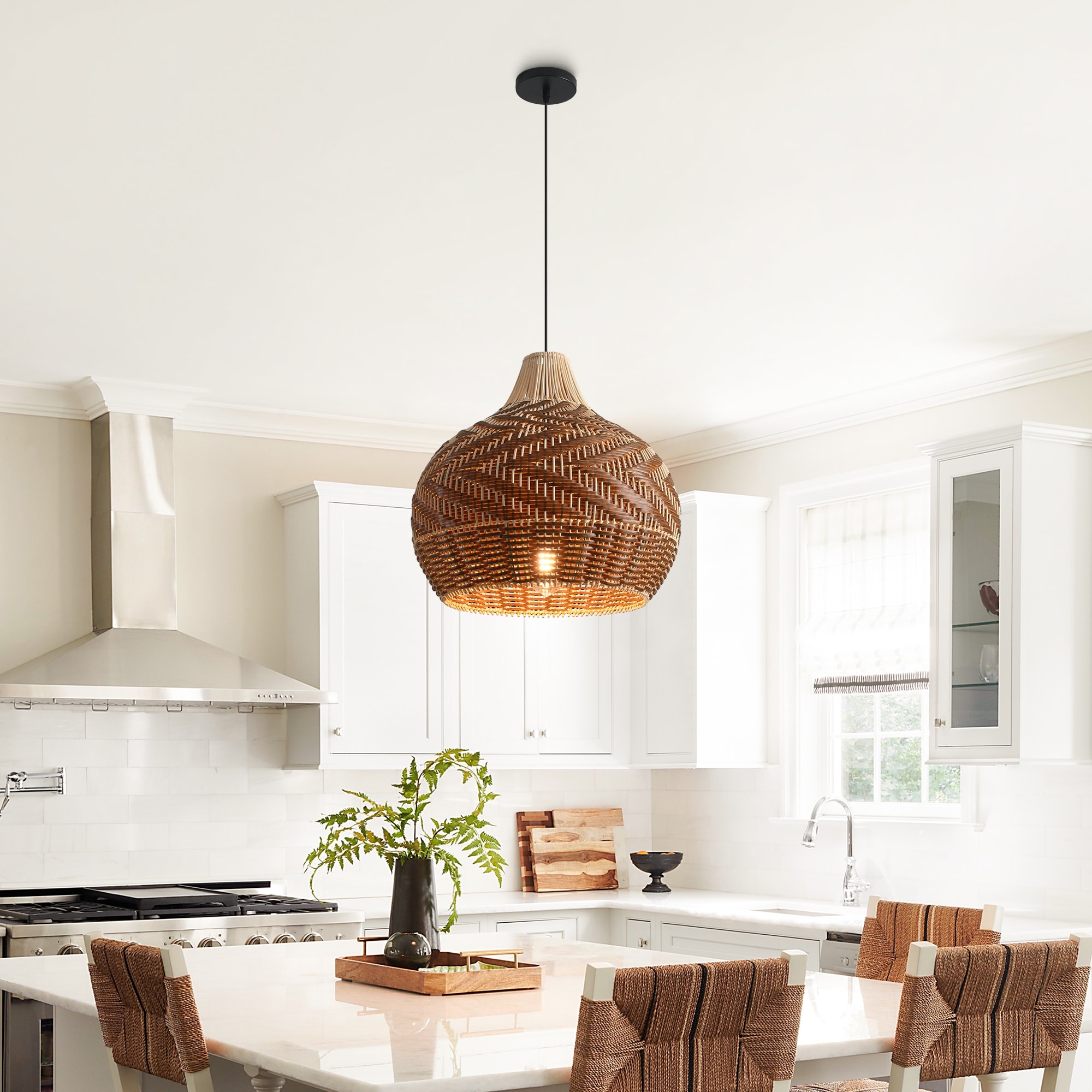 18.9" Farmhouse Natural Caged Handwoven Rattan Pendant Light - 18.9" D x 18.9" W x 62.99" H