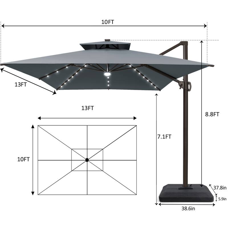 10 X 13 FT Outdoor Patio Cantilever Umbrella with Solar Lights 4-Piece Premium Base Double Canopy 360 Rotation Tilt